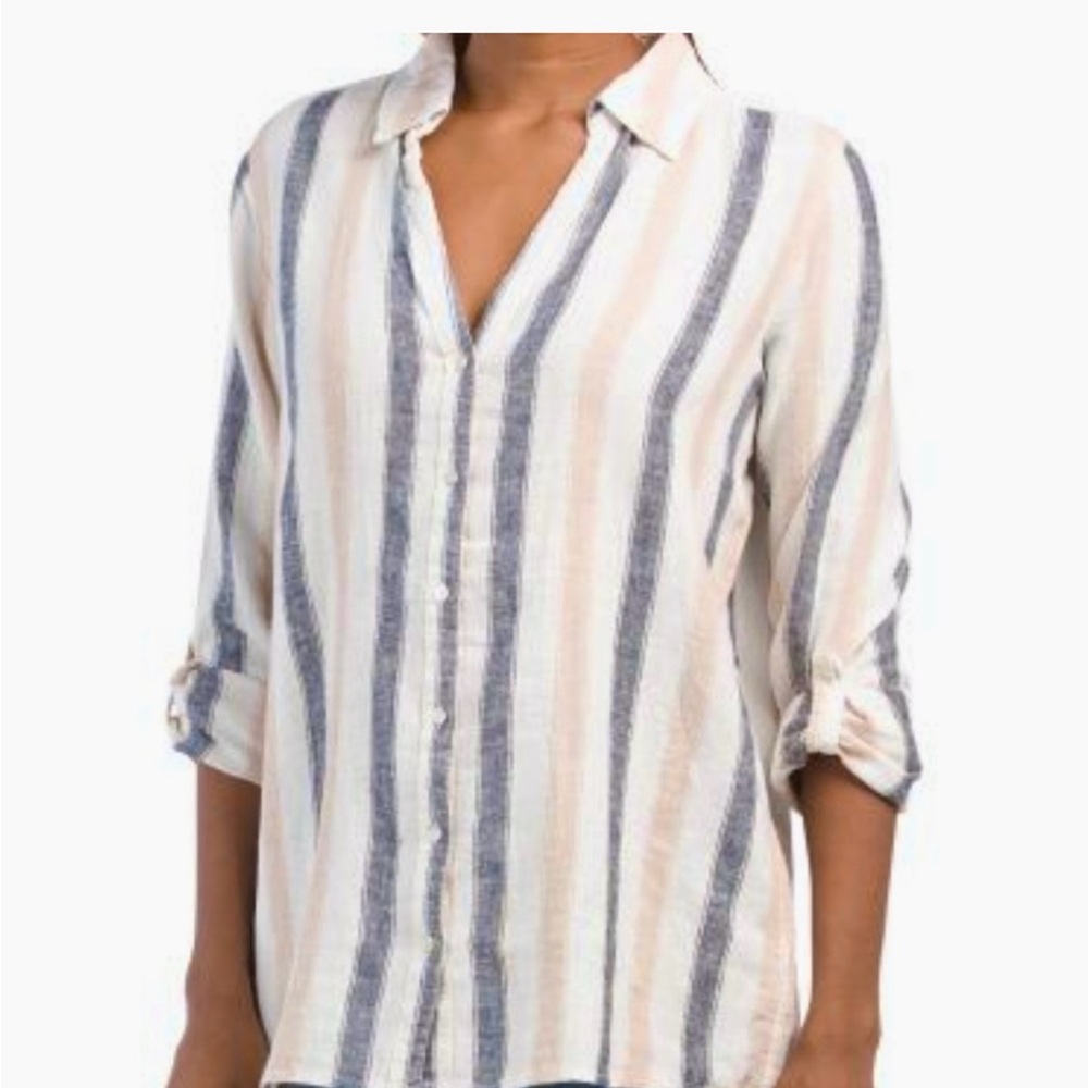 NEW Tahari Striped Coastal Linen Blend Button Down Women's Shirt